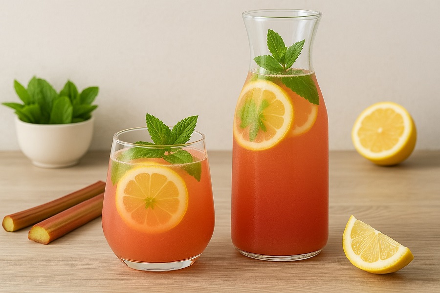 przepis na domową rabarbarową lemoniadę, z dodatkiem mięty i cytryny
