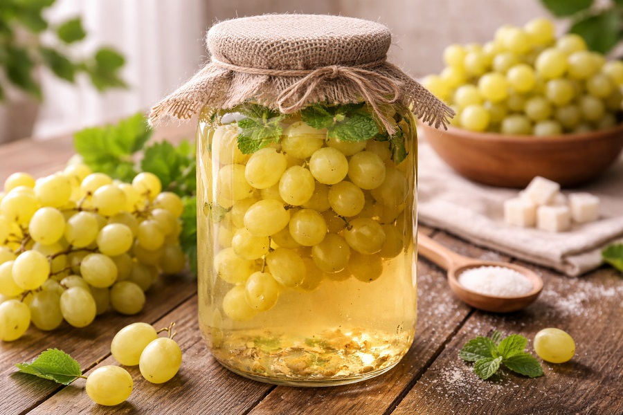 Pomysł na domowy kompot z jasnych winogron. Spokojnie możemy dać zarówno świeże, jak i mrożone owoce!